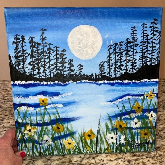 HandPainted Moonlit Lake Landscape 12”x12” Original Canvas Art by Friz - Picture 4 of 4